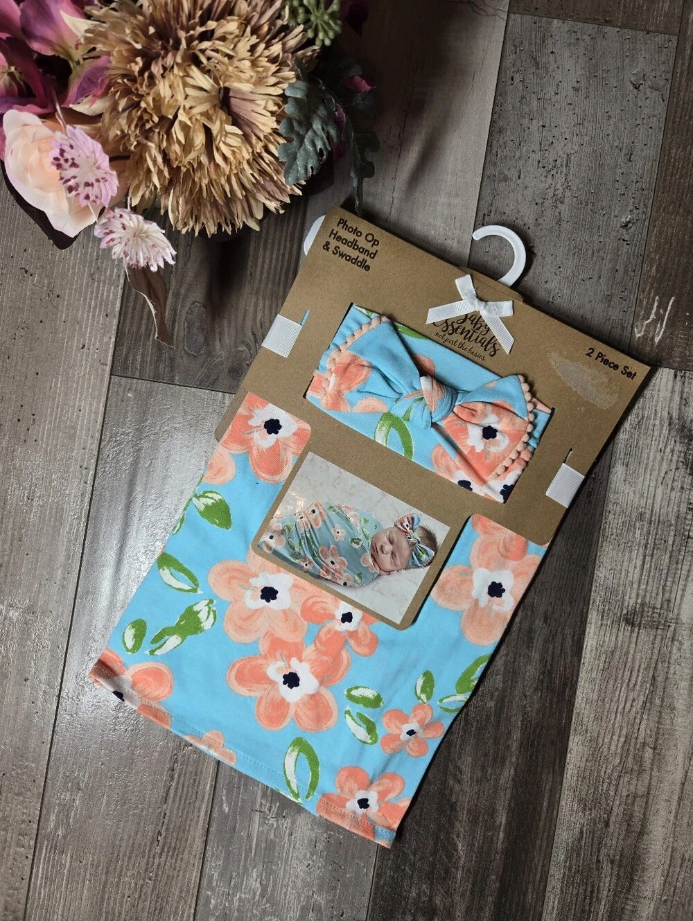 NWT Baby Essentials Floral Headwrap & Swaddle Set – Aqua, Peach, Green 2PC Set